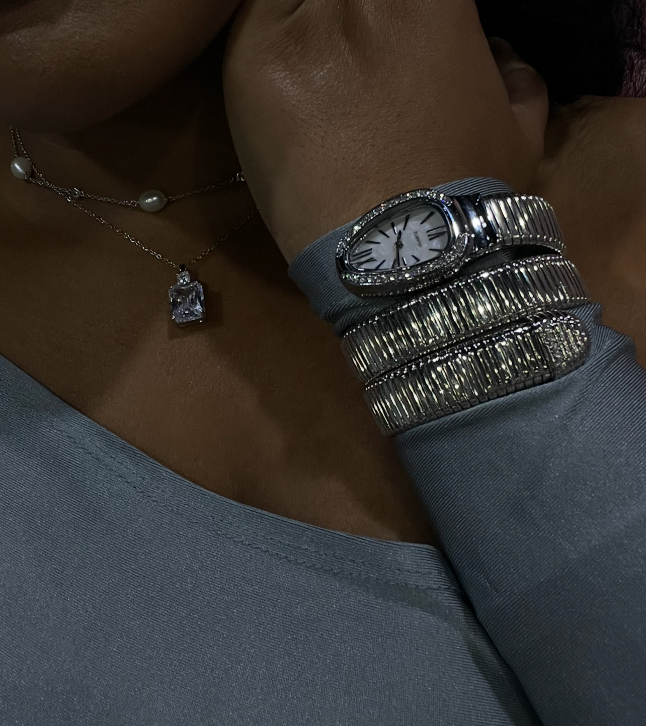 Luxury Coil Snake Bracelet Watch for Women | Teardrop Quartz Watch with Crystal Bezel | Elegant Wraparound Bangle Watch | Gift for Her