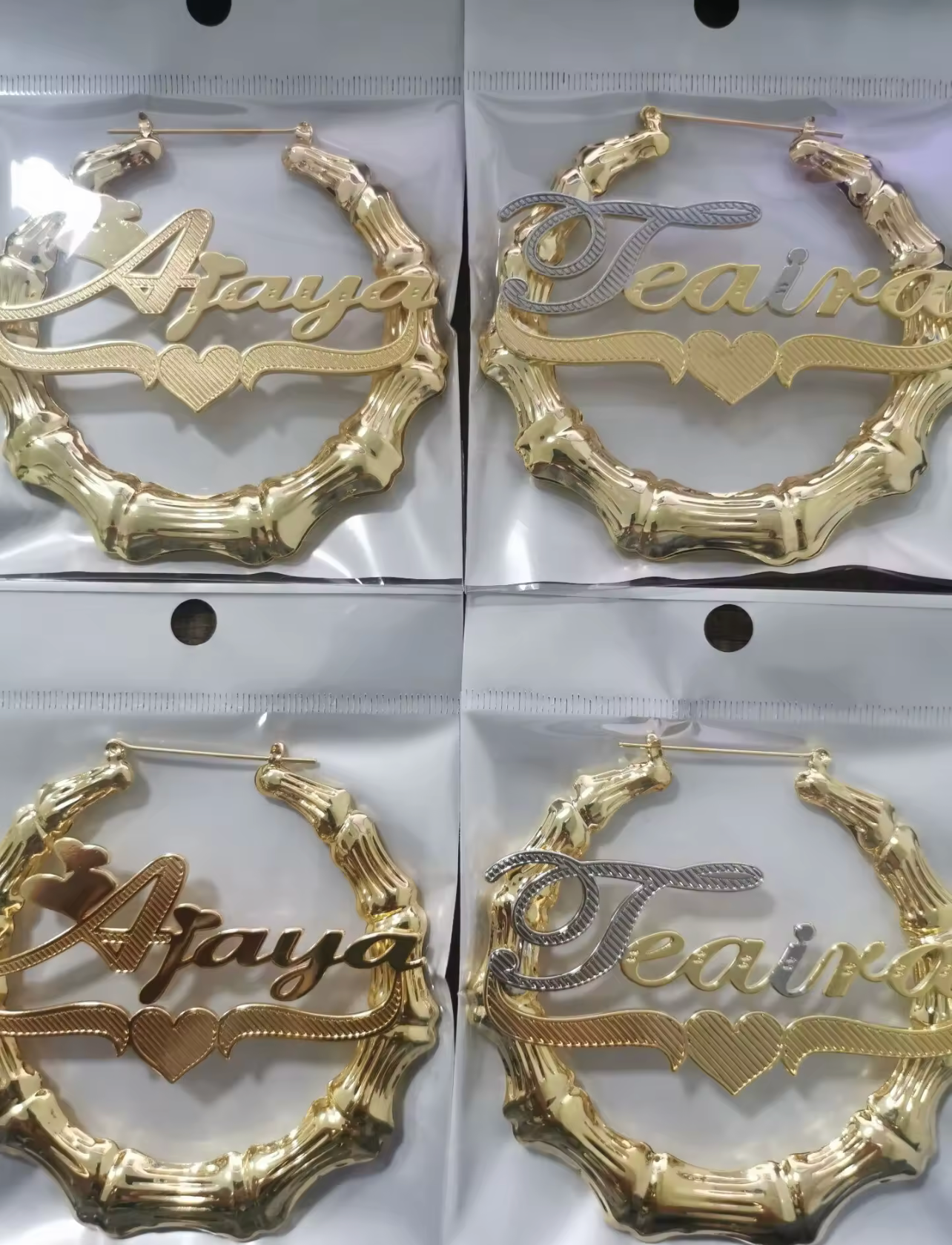 Tone Bamboo Earrings with Hollow Heart Personalized Custom Gold Plated Name Earrings